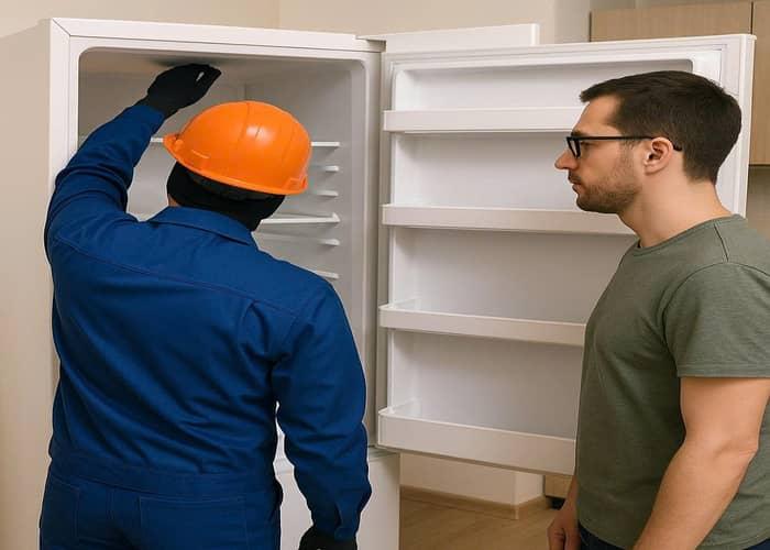 Một kỹ thuật viên đang kiểm tra ống thoát nước của một chiếc điều hòa tủ đứng Midea bị chảy nước, minh họa quá trình chẩn đoán và khắc phục sự cố tại chỗ.